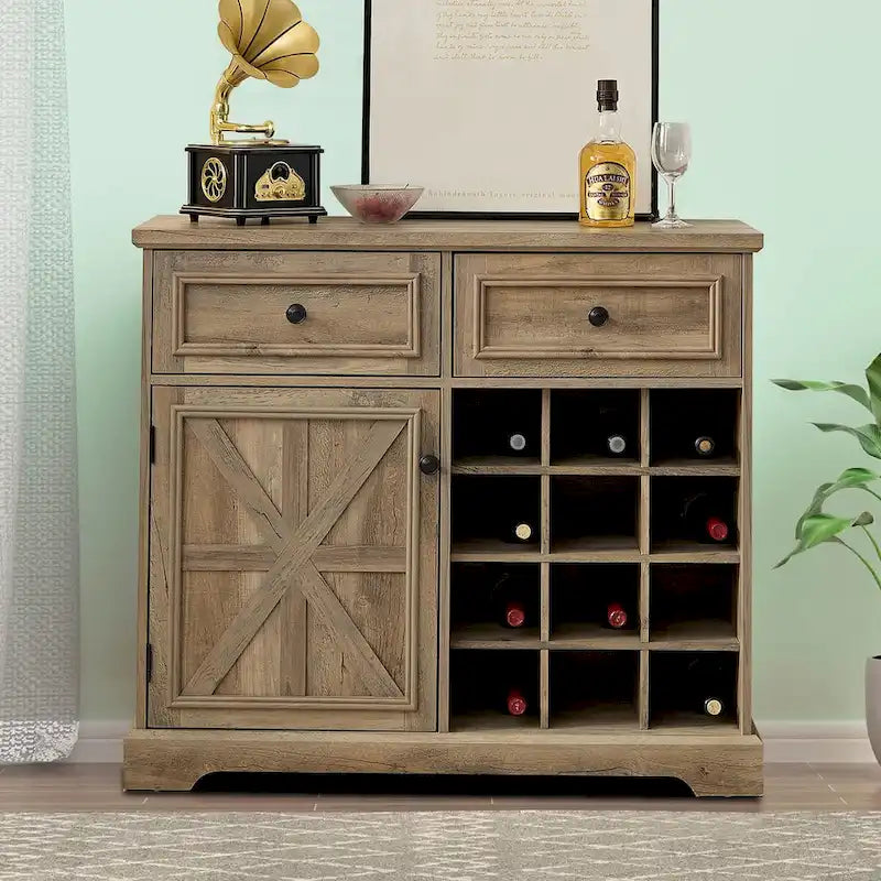 Buffet de style campagnard en bois, finition délavée grise ou espresso, avec porte-bouteilles – Assemblage par 1 personne