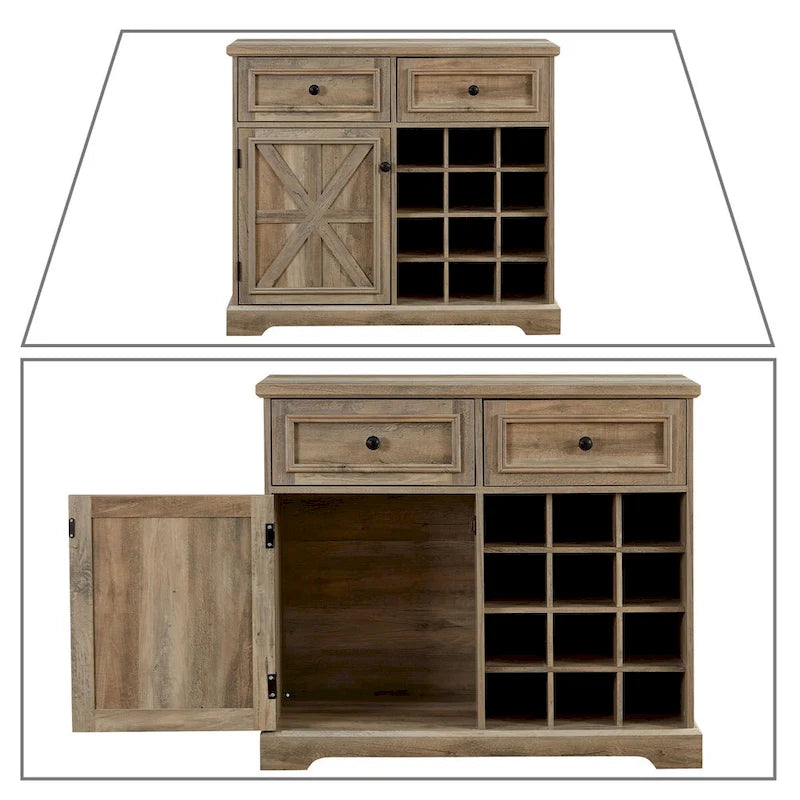 Buffet de style campagnard en bois, finition délavée grise ou espresso, avec porte-bouteilles – Assemblage par 1 personne