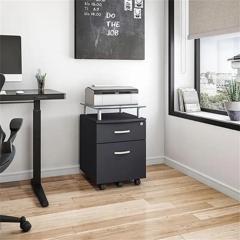 Caisson de classement roulant gris/graphite avec plateau en verre, 2 tiroirs, utilisateur unique