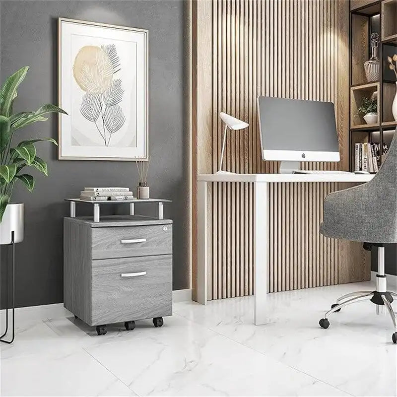 Caisson de classement roulant gris/graphite avec plateau en verre, 2 tiroirs, utilisateur unique