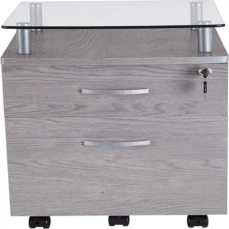 Caisson de classement roulant gris/graphite avec plateau en verre, 2 tiroirs, utilisateur unique