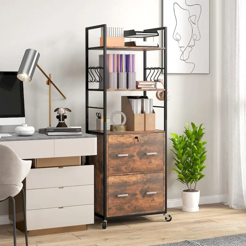 Vinsetto 2 Drawer File Cabinet with Key, Bookshelf, Mobile Filing Cabinet with Adjustable Hanging Bar for Letter, A4