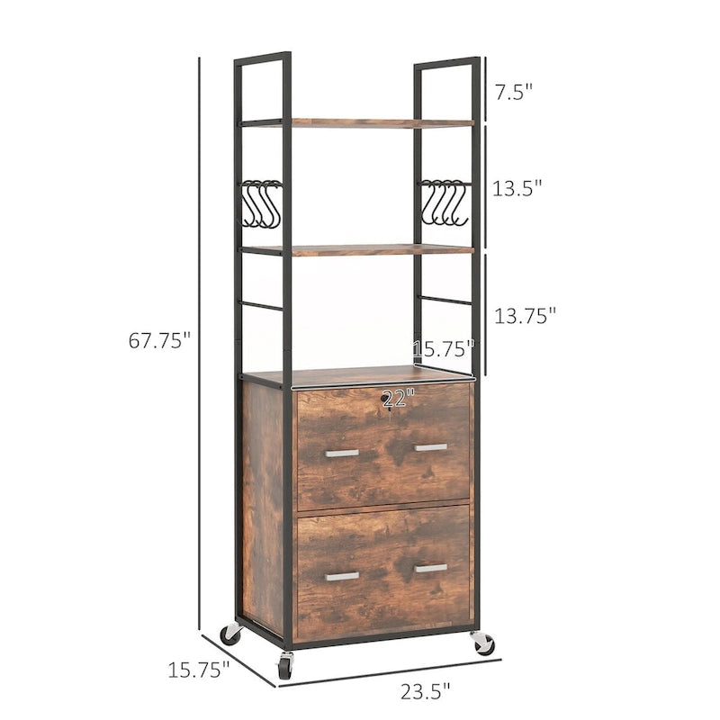 Meuble de classement mobile marron rustique avec serrure, étagères ouvertes et crochets, format Legal/A4, pour 1 personne