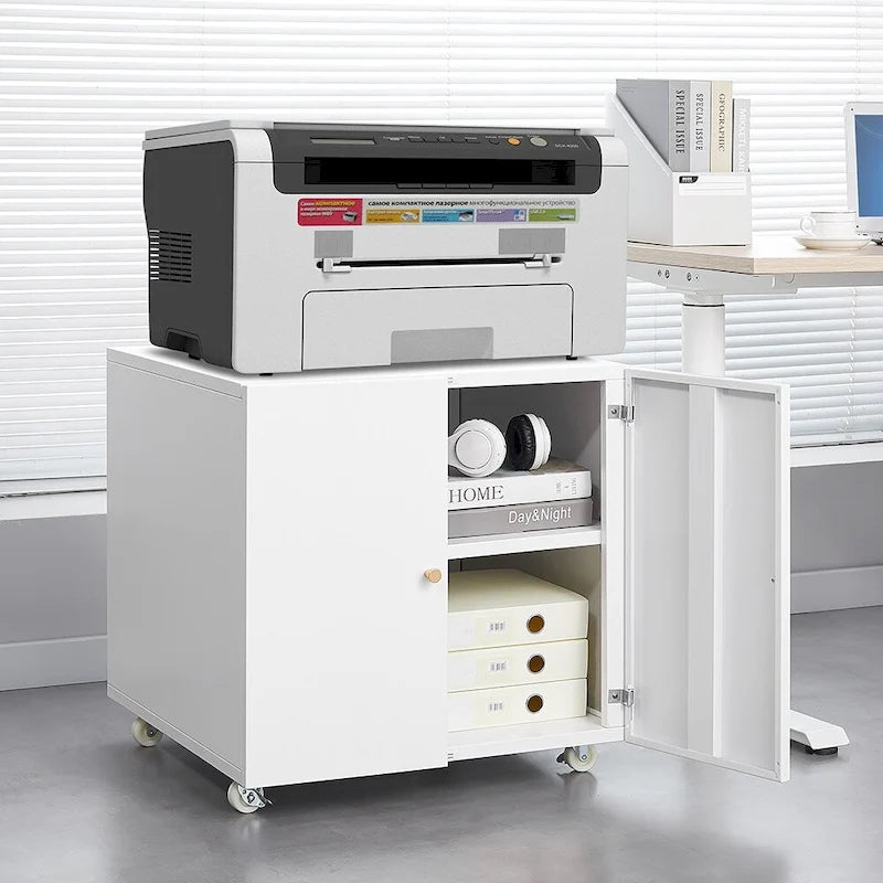 Meuble d'imprimante en métal blanc avec rangement, pour une personne, style armoire avec porte et roulettes