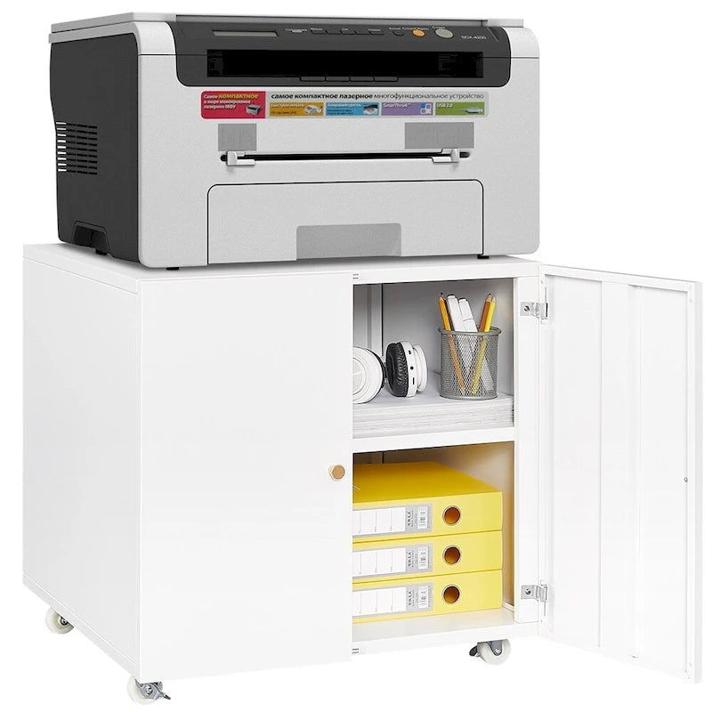 Meuble d'imprimante en métal blanc avec rangement, pour une personne, style armoire avec porte et roulettes
