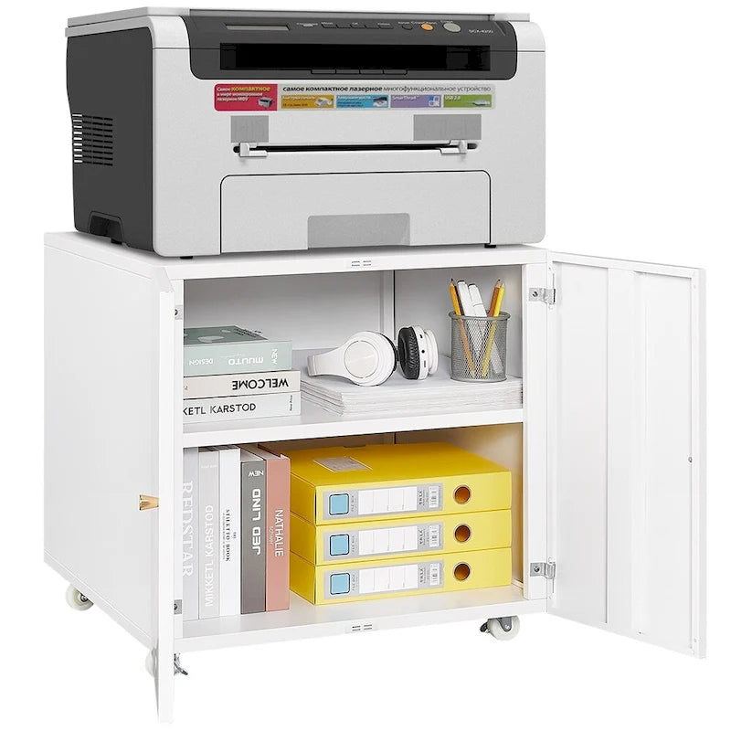 Meuble d'imprimante en métal blanc avec rangement, pour une personne, style armoire avec porte et roulettes