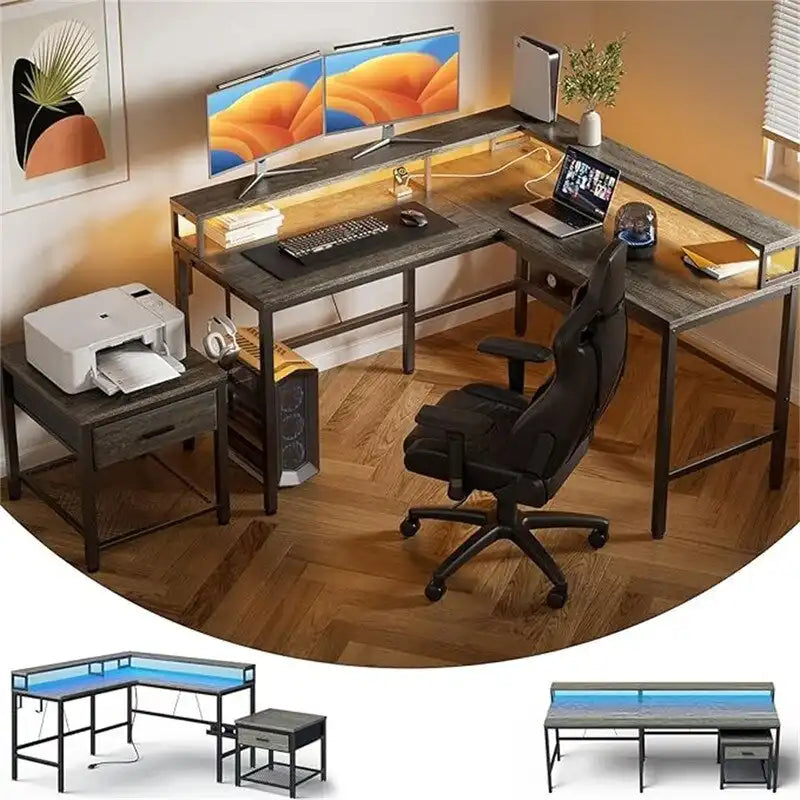 Bureau d'angle en L finition bois gris avec support pour imprimante, 1 à 2 personnes
