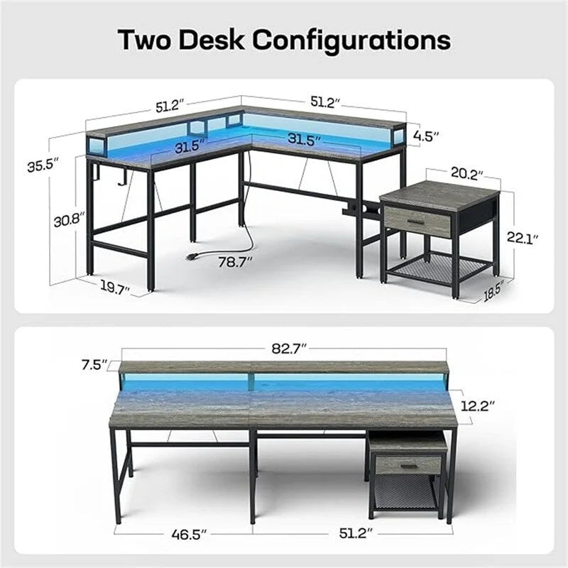 Bureau d'angle en L finition bois gris avec support pour imprimante, 1 à 2 personnes