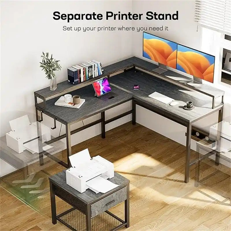 Bureau d'angle en L finition bois gris avec support pour imprimante, 1 à 2 personnes