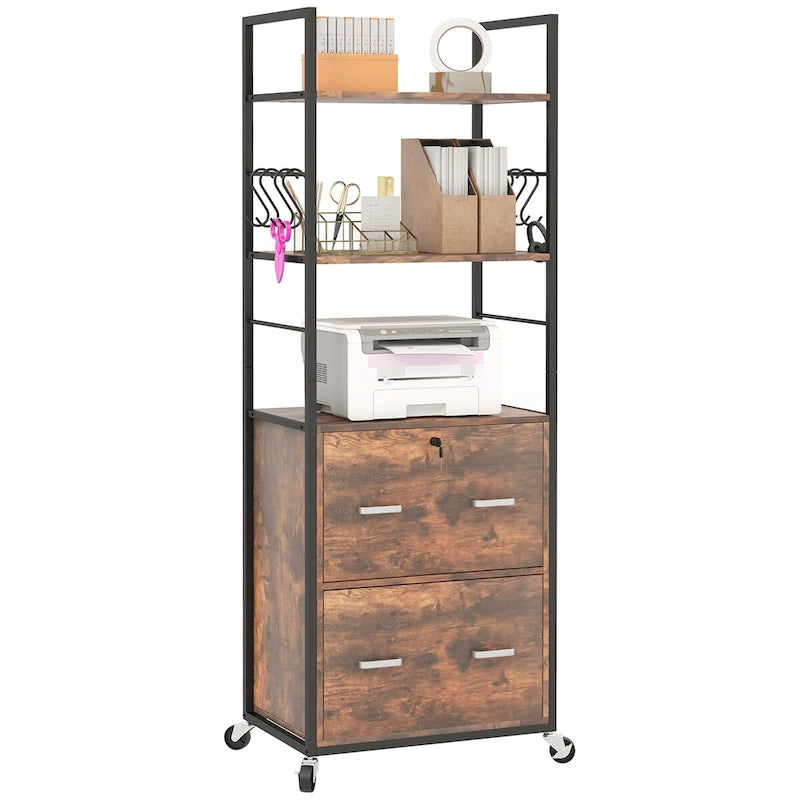 Caisson de classement mobile rustique marron à 2 tiroirs avec serrure et barre de suspension, 1 personne