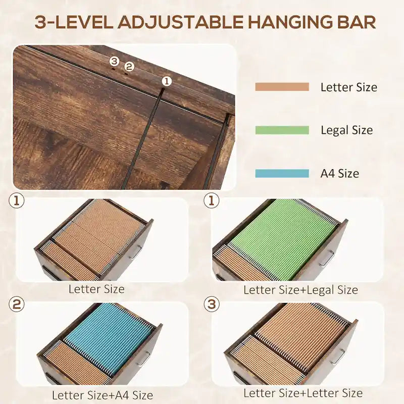 Caisson de classement mobile rustique marron à 2 tiroirs avec serrure et barre de suspension, 1 personne