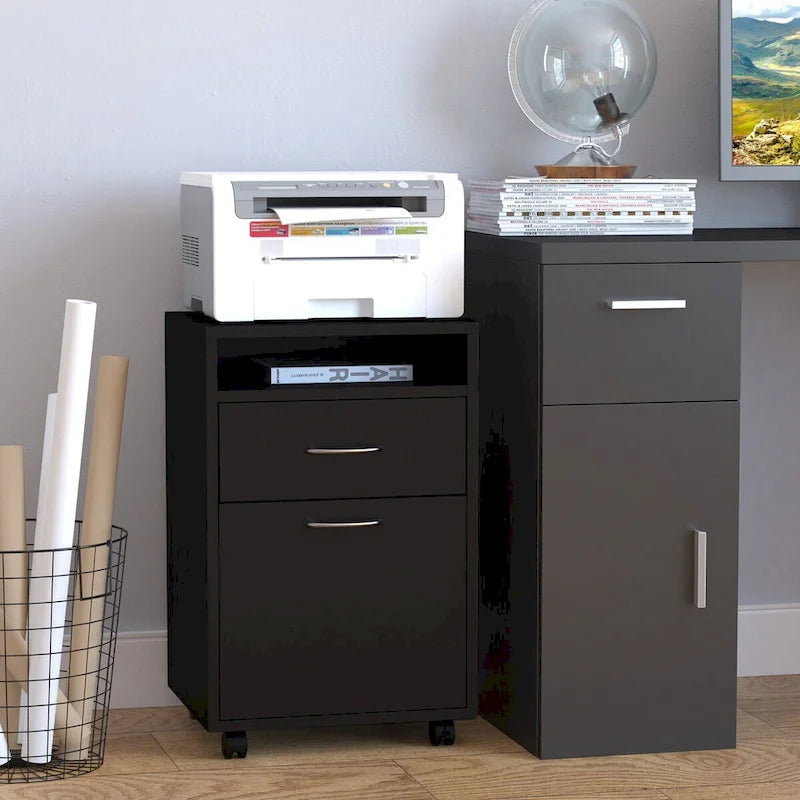 Meuble de Rangement Noir Roulant avec Tiroir et Porte, Monoposte