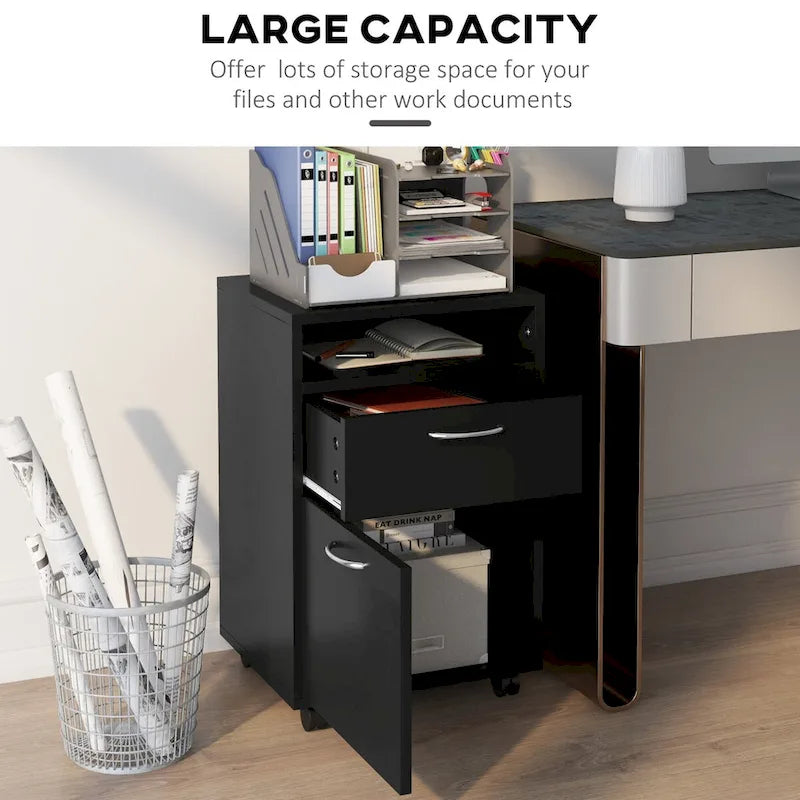 Meuble de Rangement Noir Roulant avec Tiroir et Porte, Monoposte