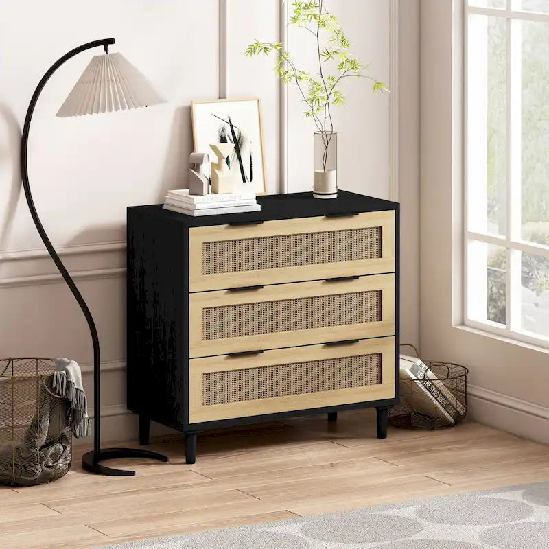 Commode 3 tiroirs en rotin noir, individuelle