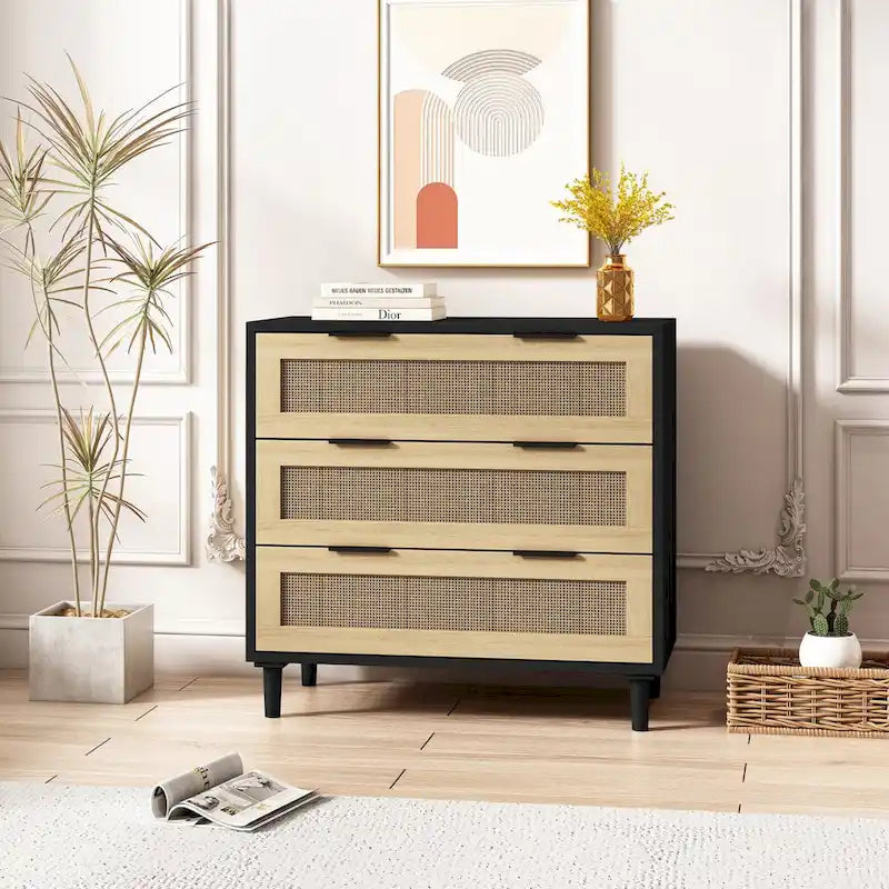 Commode 3 tiroirs en rotin noir, individuelle