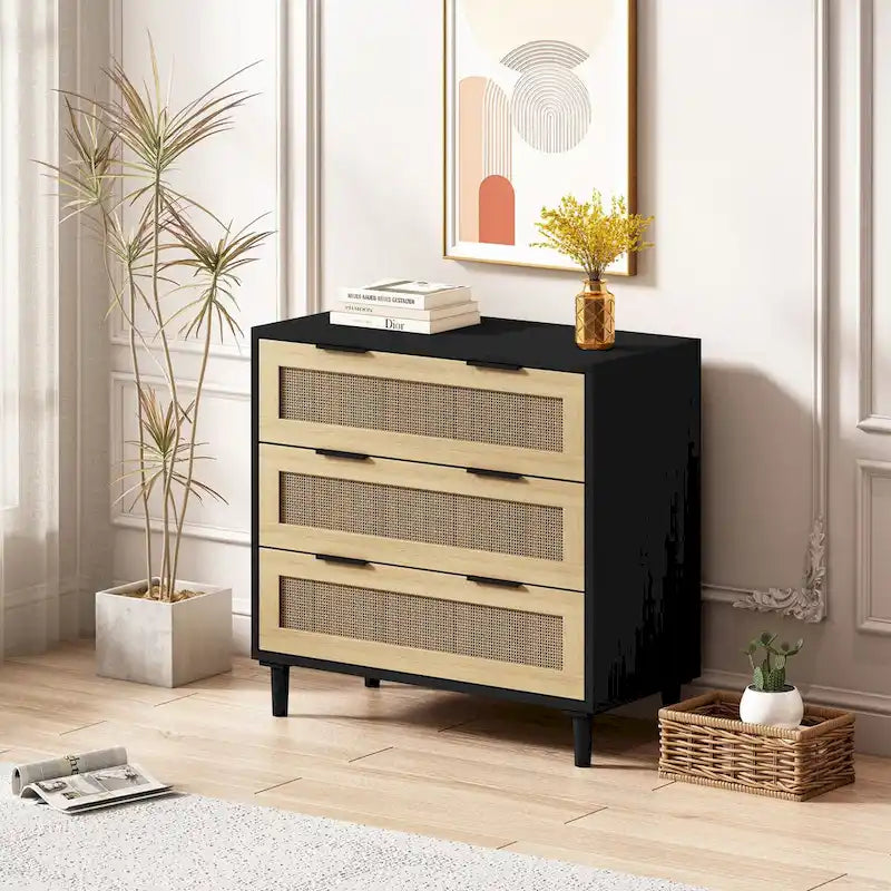 Commode 3 tiroirs en rotin noir, individuelle