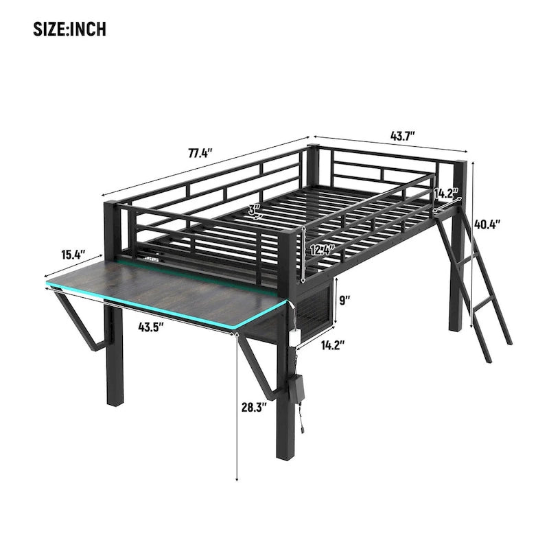Gaming Mid Loft Bed with Desk