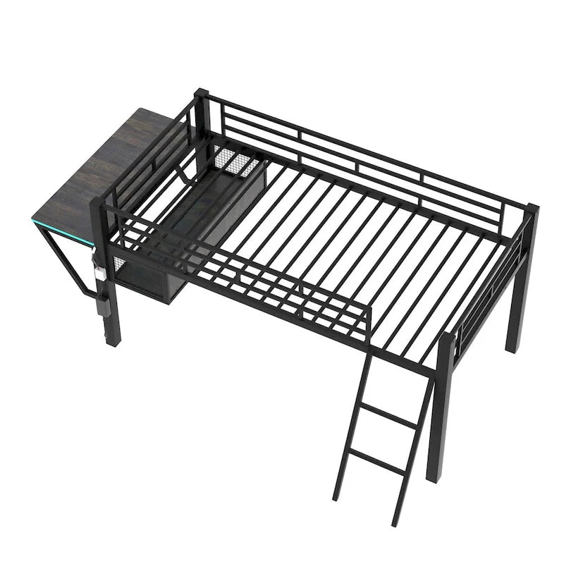 Lit mezzanine gaming noir avec bureau, une personne