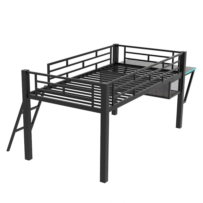 Lit mezzanine gaming noir avec bureau, une personne