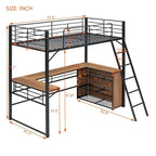 Lit mezzanine en métal noir avec bureau en L et étagères à 3 niveaux, échelle réversible, une personne, taille double