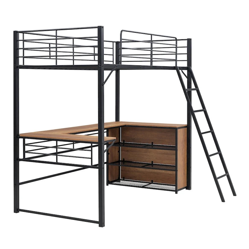 Lit mezzanine en métal noir avec bureau en L et étagères à 3 niveaux, échelle réversible, une personne, taille double
