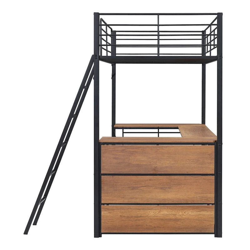 Lit mezzanine en métal noir avec bureau en L et étagères à 3 niveaux, échelle réversible, une personne, taille double