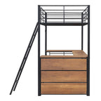 Lit mezzanine en métal noir avec bureau en L et étagères à 3 niveaux, échelle réversible, une personne, taille double