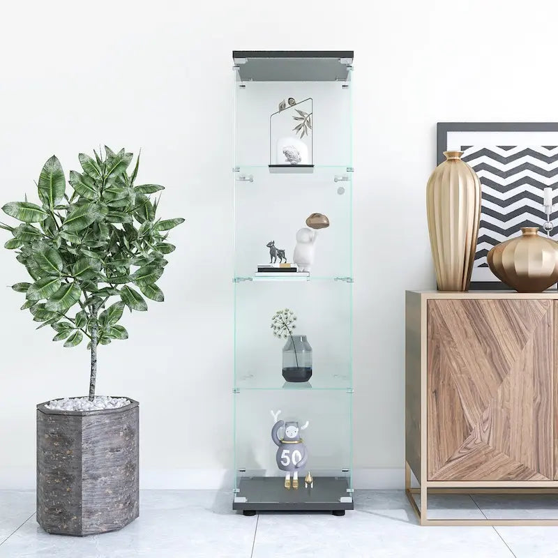 Vitrine en verre 4 étagères avec porte – Blanc/Noir – Simple