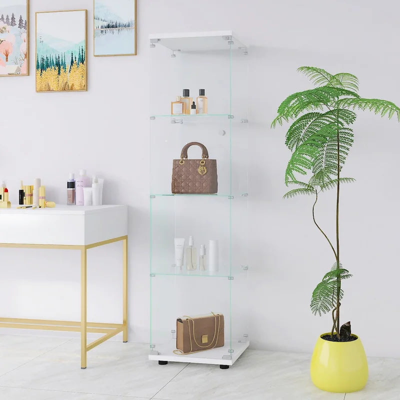 Vitrine en verre 4 étagères avec porte – Blanc/Noir – Simple