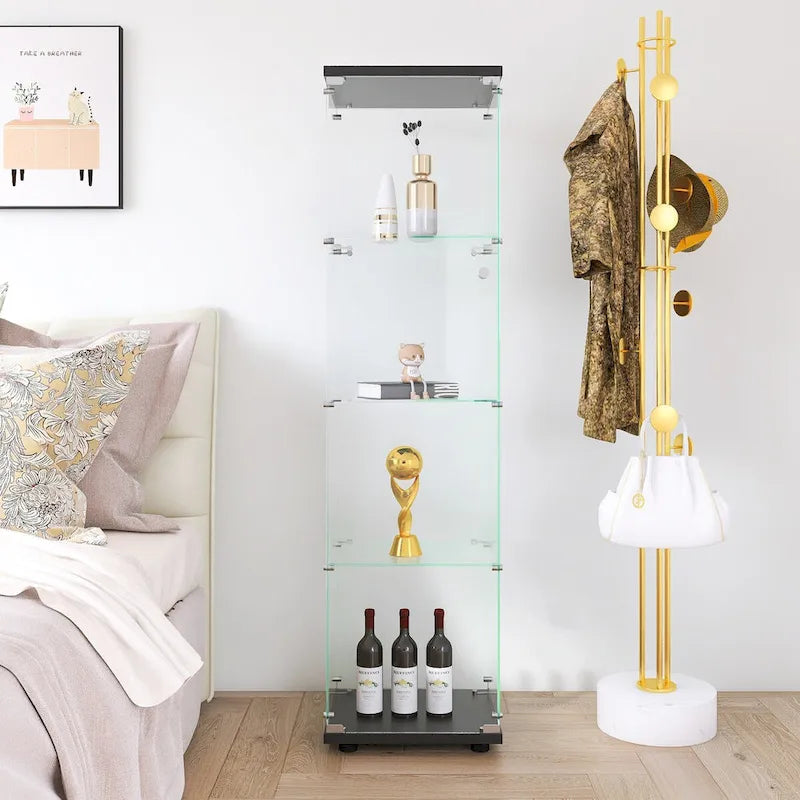 Vitrine en verre 4 étagères avec porte – Blanc/Noir – Simple