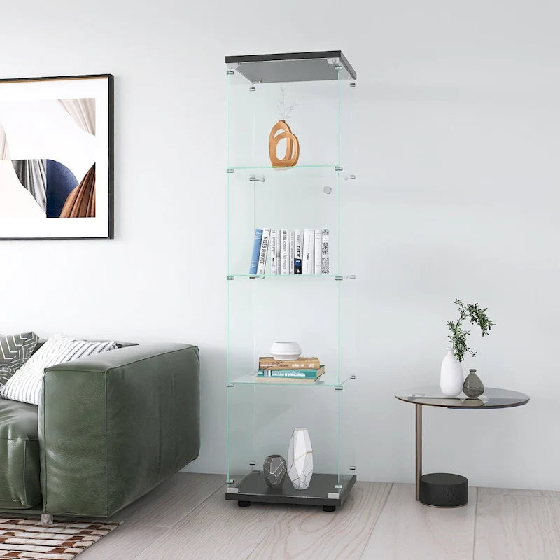 Vitrine en verre 4 étagères avec porte – Blanc/Noir – Simple