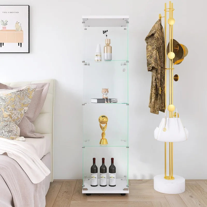 Vitrine en verre 4 étagères avec porte – Blanc/Noir – Simple