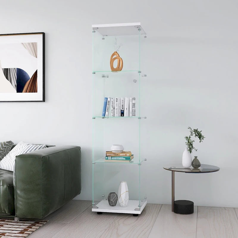 Vitrine en verre 4 étagères avec porte – Blanc/Noir – Simple