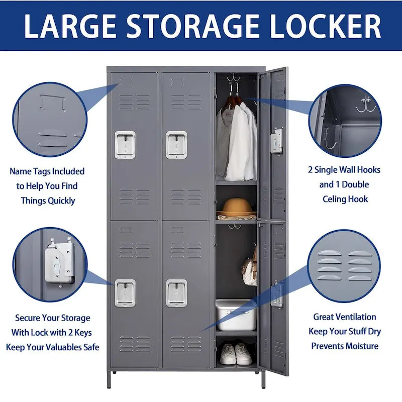 Casier de rangement en métal gris à 6 portes avec serrure, 6 personnes