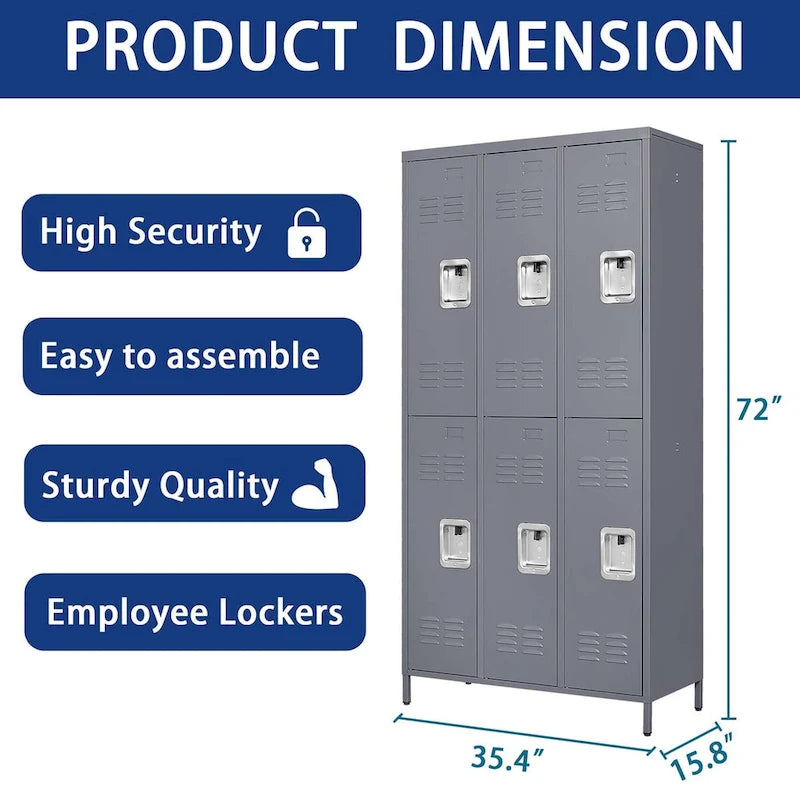 Casier de rangement en métal gris à 6 portes avec serrure, 6 personnes