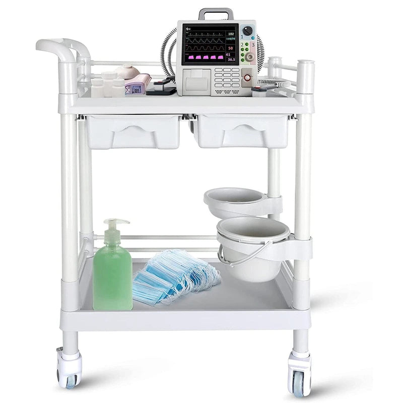 Chariot médical roulant à 2 niveaux brossé blanc avec tiroirs – Utilisateur unique