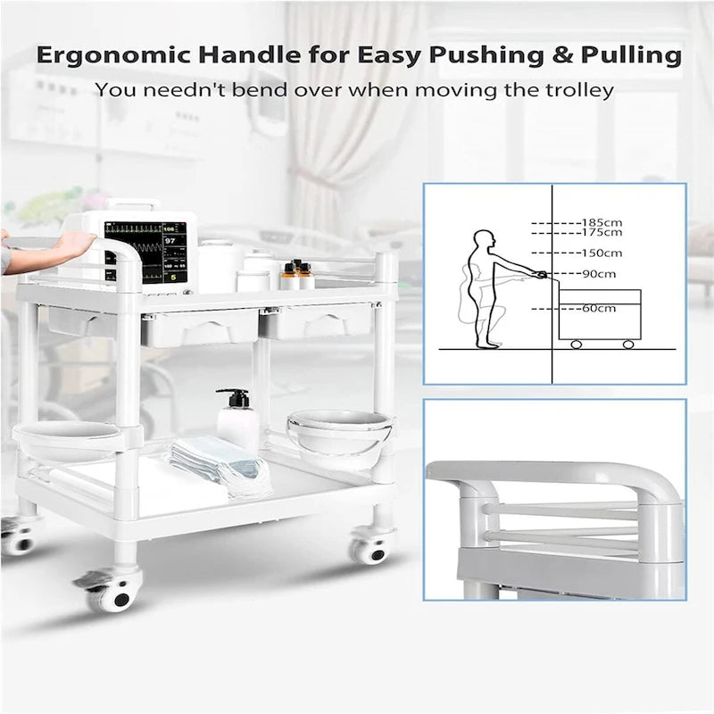 Chariot médical roulant à 2 niveaux brossé blanc avec tiroirs – Utilisateur unique