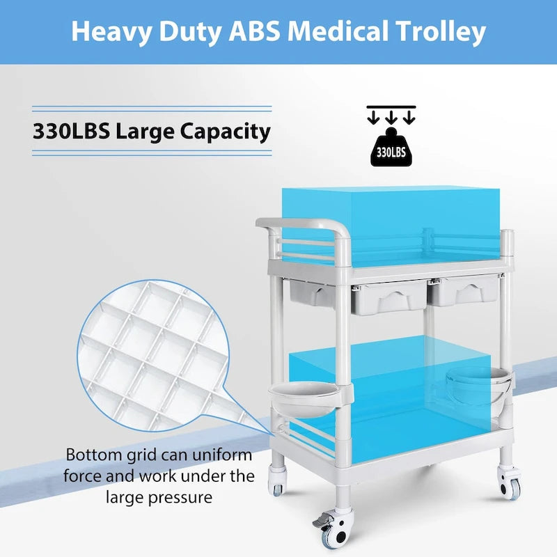 Chariot médical roulant à 2 niveaux brossé blanc avec tiroirs – Utilisateur unique
