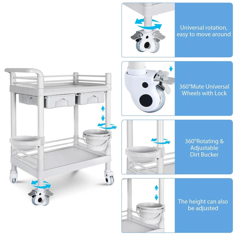 Chariot médical roulant à 2 niveaux brossé blanc avec tiroirs – Utilisateur unique