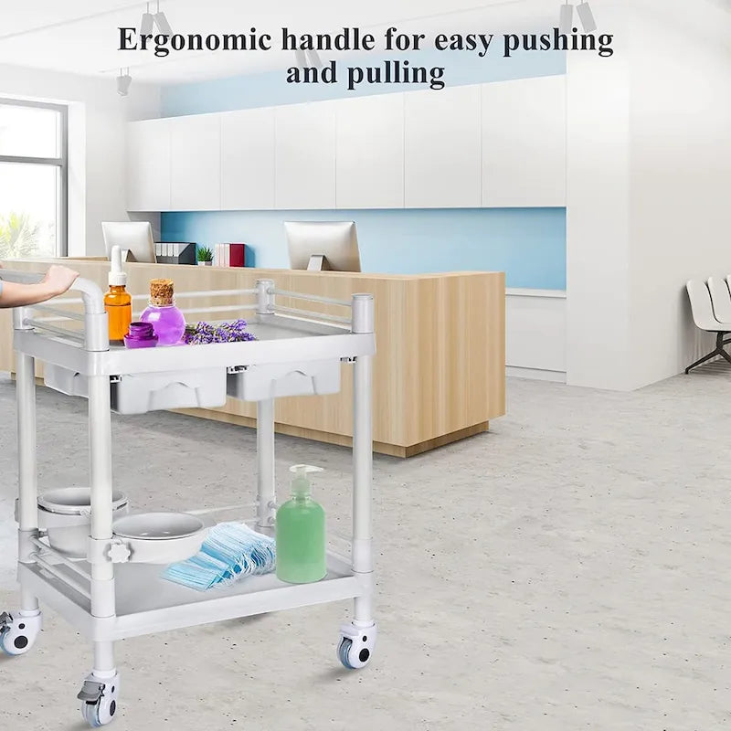 Chariot médical roulant à 2 niveaux brossé blanc avec tiroirs – Utilisateur unique