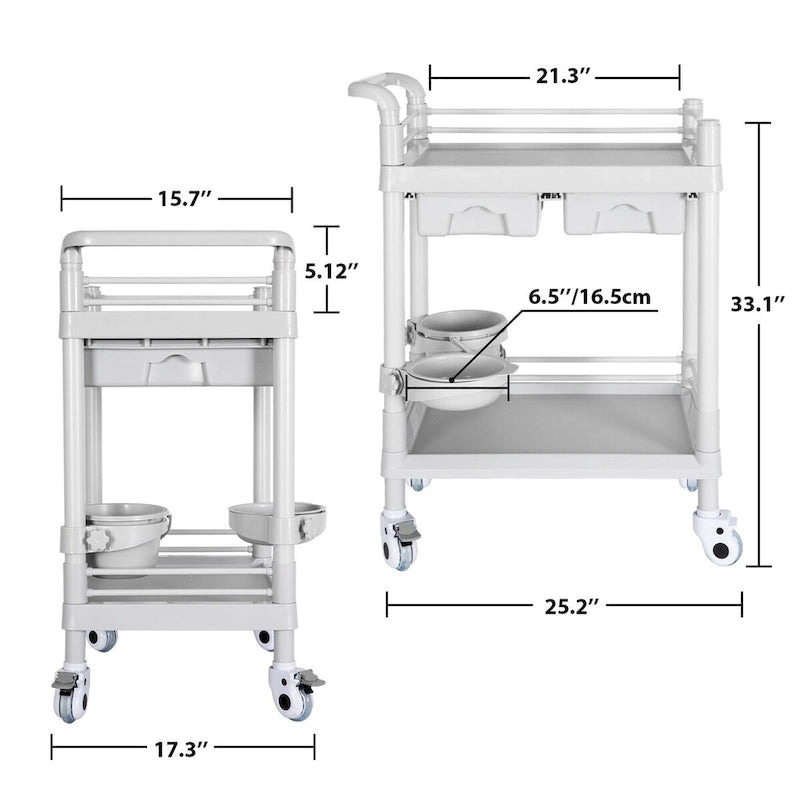 Chariot médical roulant à 2 niveaux brossé blanc avec tiroirs – Utilisateur unique