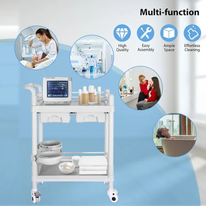 Chariot médical roulant à 2 niveaux brossé blanc avec tiroirs – Utilisateur unique