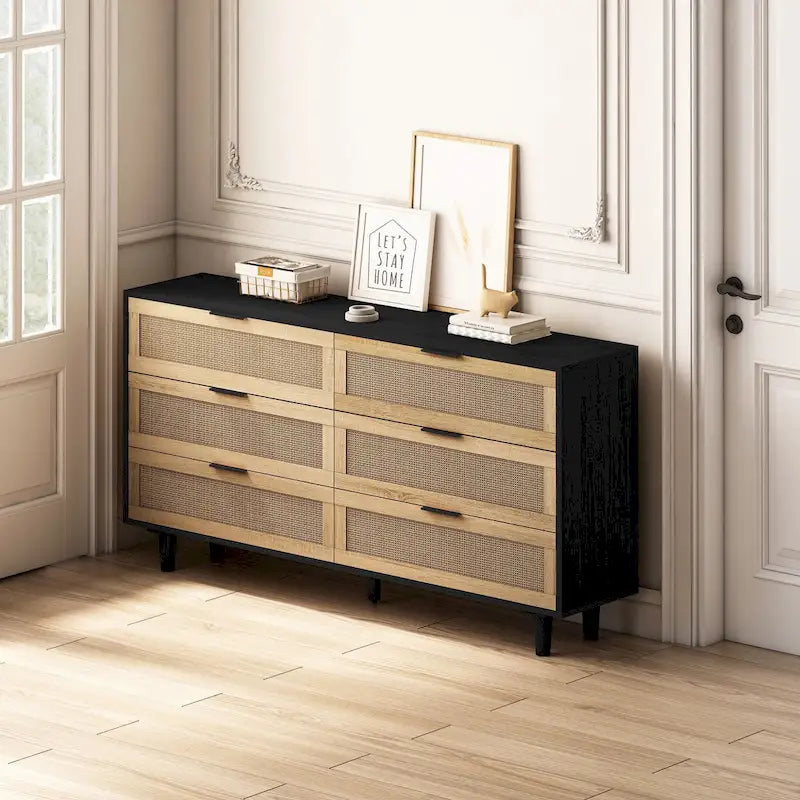 Commode en rotin noir à 6 tiroirs, simple