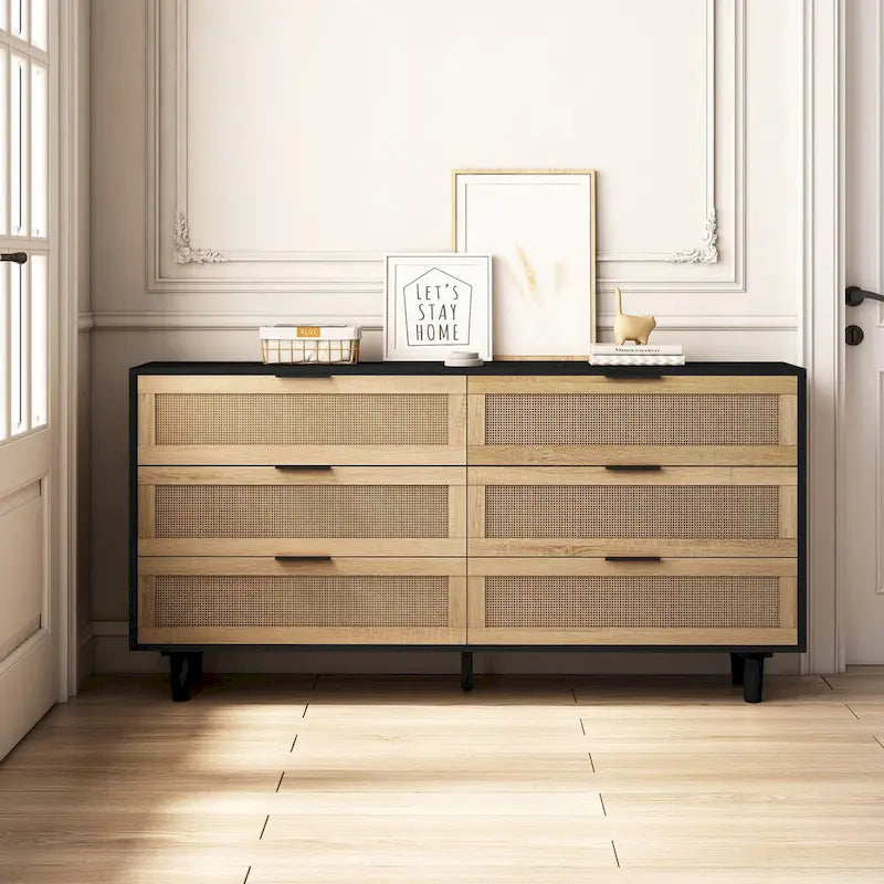 Commode en rotin noir à 6 tiroirs, simple