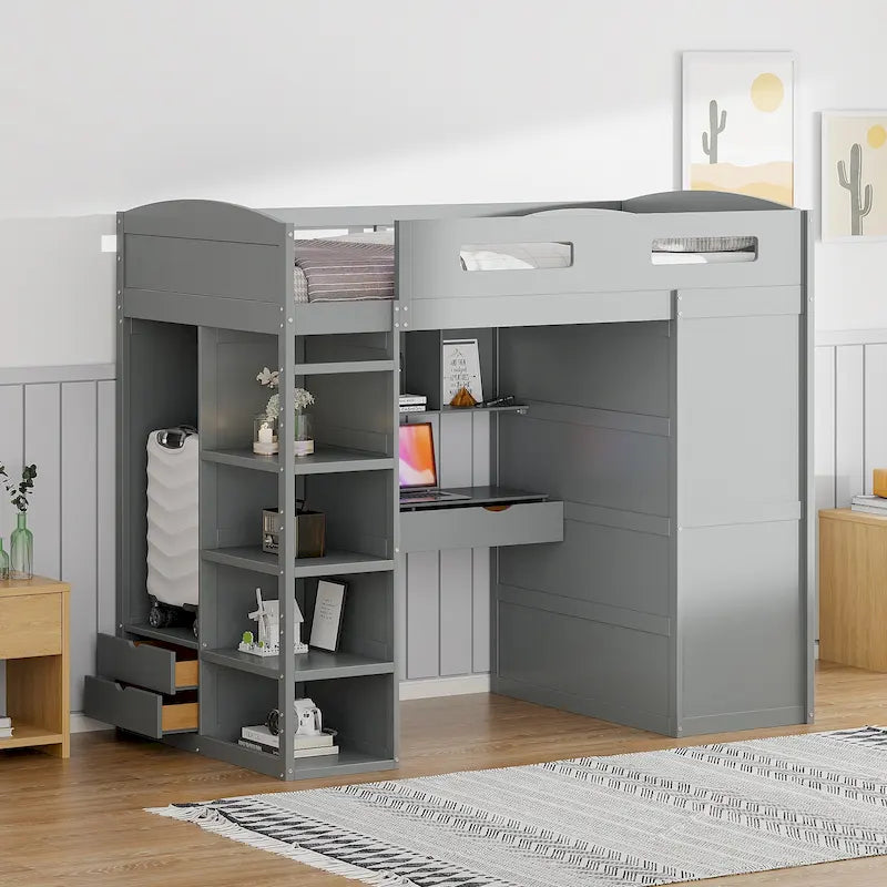 Lit mezzanine double blanc/gris avec bureau, armoire et rangement, 1 personne