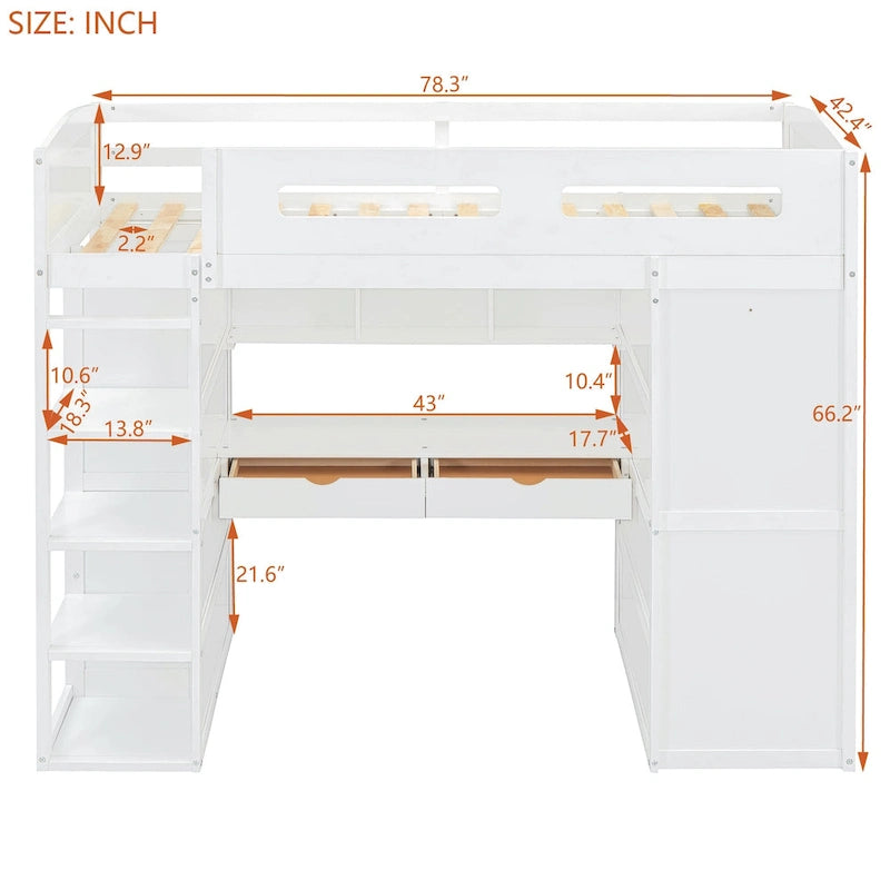 Lit mezzanine double blanc/gris avec bureau, armoire et rangement, 1 personne