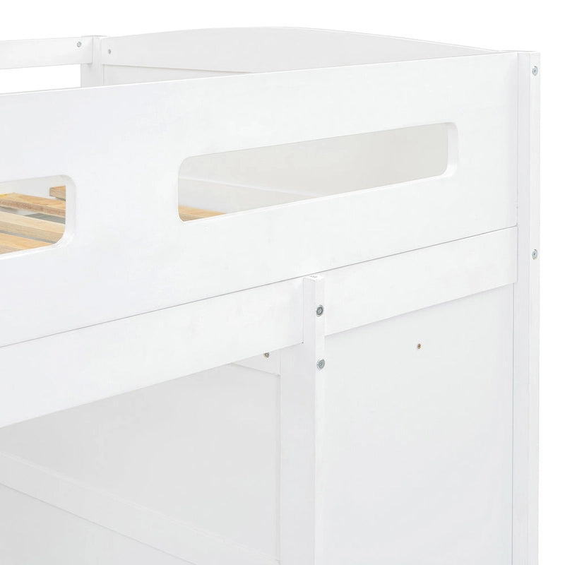 Lit mezzanine double blanc/gris avec bureau, armoire et rangement, 1 personne
