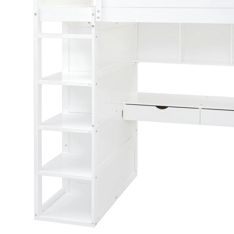 Lit mezzanine double blanc/gris avec bureau, armoire et rangement, 1 personne