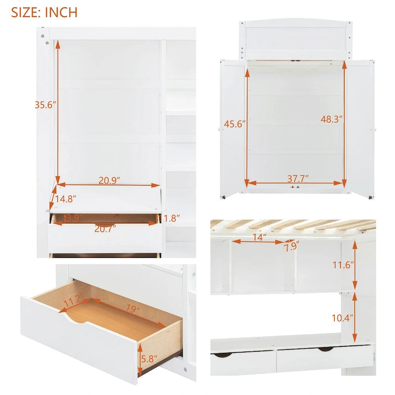 Lit mezzanine double blanc/gris avec bureau, armoire et rangement, 1 personne