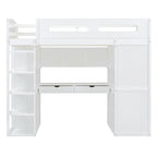 Lit mezzanine double blanc/gris avec bureau, armoire et rangement, 1 personne